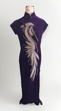 Vintage 70s Purple Velour Velvet Cheongsam Chinese Sequin Beaded Maxi Slit Dress