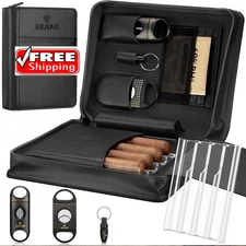 Portable Leather Cigar Humidor Case with Accessories Gift Set (Black)