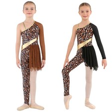 Kids Girls Gymnastics Dance Outfit Patchwork Asymmetrical Leopard Print leotard