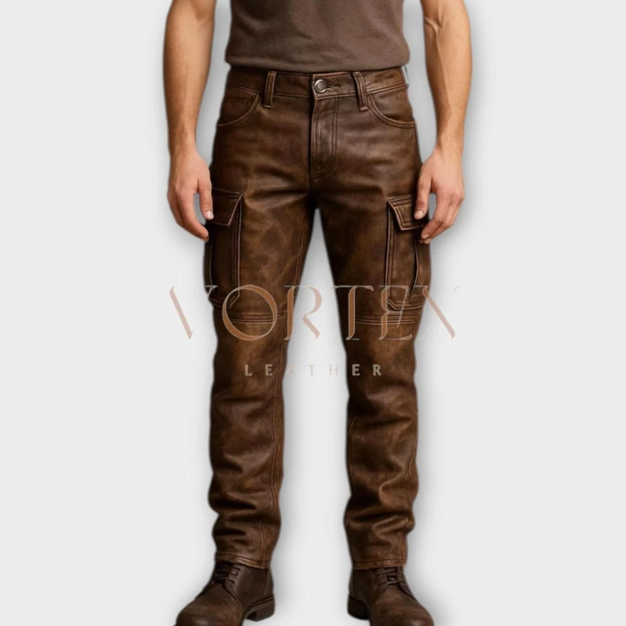 Men's Brown Distressed Genuine Soft Lambskin Leather Pant Cargo Pants