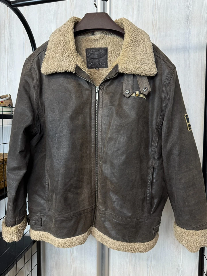 皇家空军英国皇家空军棕色皮革夏尔巴传单夹克 VNTG — 第 2/4 张图片