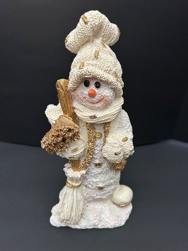 Snowman Figurine Knit Hat & Scarf Holding Gold Broom Collectible Christmas Decor - Picture 3 of 9