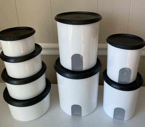 Tupperware Reminder Window Canisters & Toppers Set White w/ Black Seals Lids New - Picture 2 of 12
