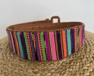 Vintage LANDS END Wide Belt Woven Braided Brown Tan Sz L Boho 90s Lands End Brown Leather Woven Wide Belt 1990s Vintage  main image 3