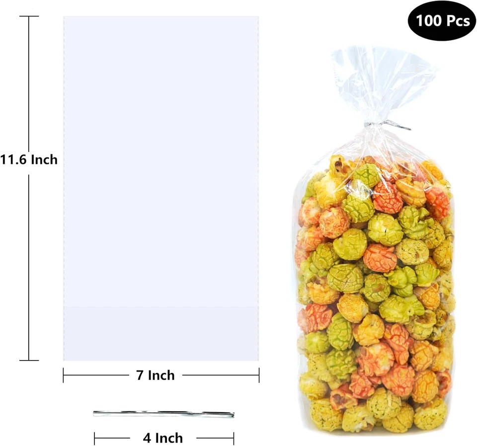 100Pcs 7X11.6 Inch Clear Plastic Cellophane Treat Bags with 4" Twist Ties, Great - Image 2 of 4