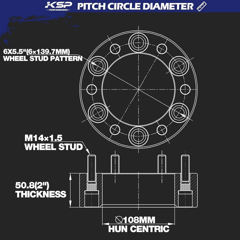 KSP 4PCS 6x5.5 2'' Wheel Spacers for Chevy Silverado GMC Sierra Suburban M14x1.5 - Image 4 of 4