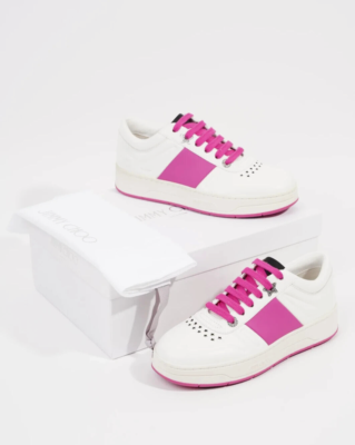 MSRP$595 JIMMY CHOO Hawaii/F Calf Leather Sneaker V White/Fuchsia