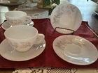6 pieces Vintage Federal Milk Glass ( pink clover & silver leaves) Cups & Saucer