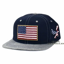 USA Flag Hat Stars and Stripes Eagle Snapback Flat Bill Baseball Cap- Navy Blue