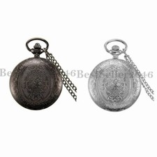 Men Women Half Hunter Quartz Pocket Pocket Watch Silver Black Tone Necklace