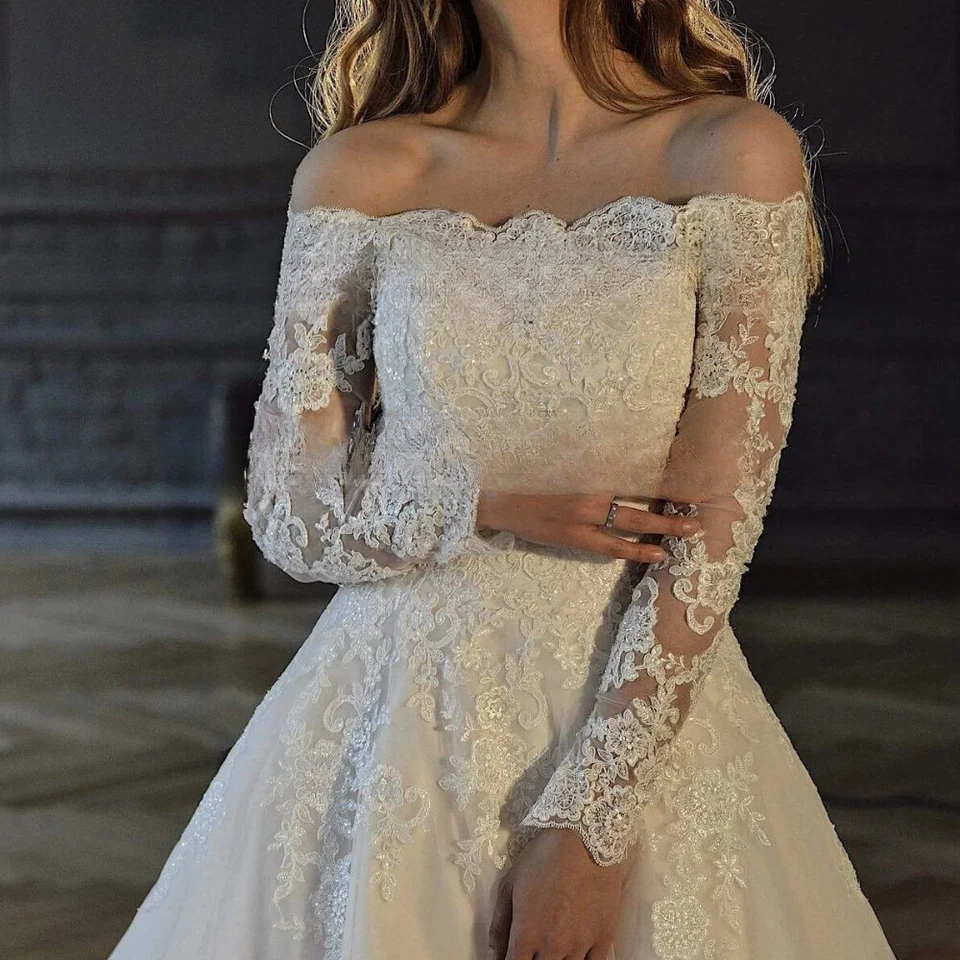 Boat Neck Lace Wedding Dress Long Sleeve Appliques Backless Pleated Bridal Gowns - Image 2 of 4