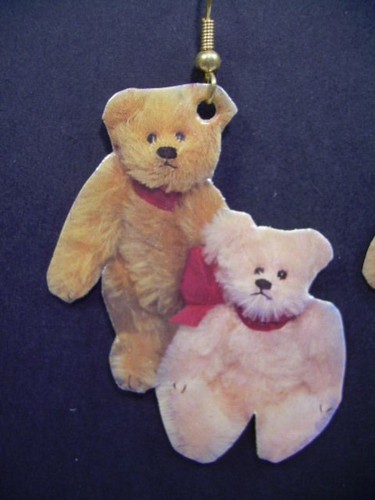 Teddy Bears * Whimsical PAPER Decoupage EARRINGS * Pink + Gold Friends Handmade - Picture 2 of 12