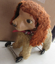 VINTAGE RUBBER FACE PLUSH DOG RARE PULLTOY CART ON WHEELS STERN TOY BEAR RUSHTON