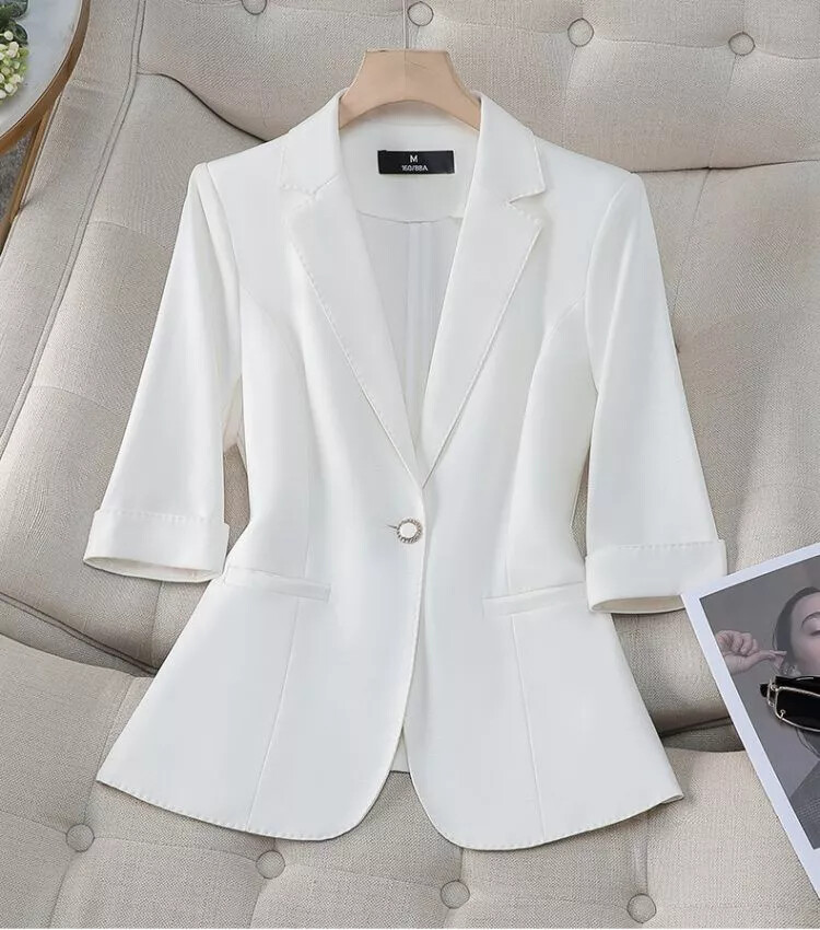 Chaqueta De Traje Blazer Mujer Oficina Satén Slim Blanco Simil Lino 33269