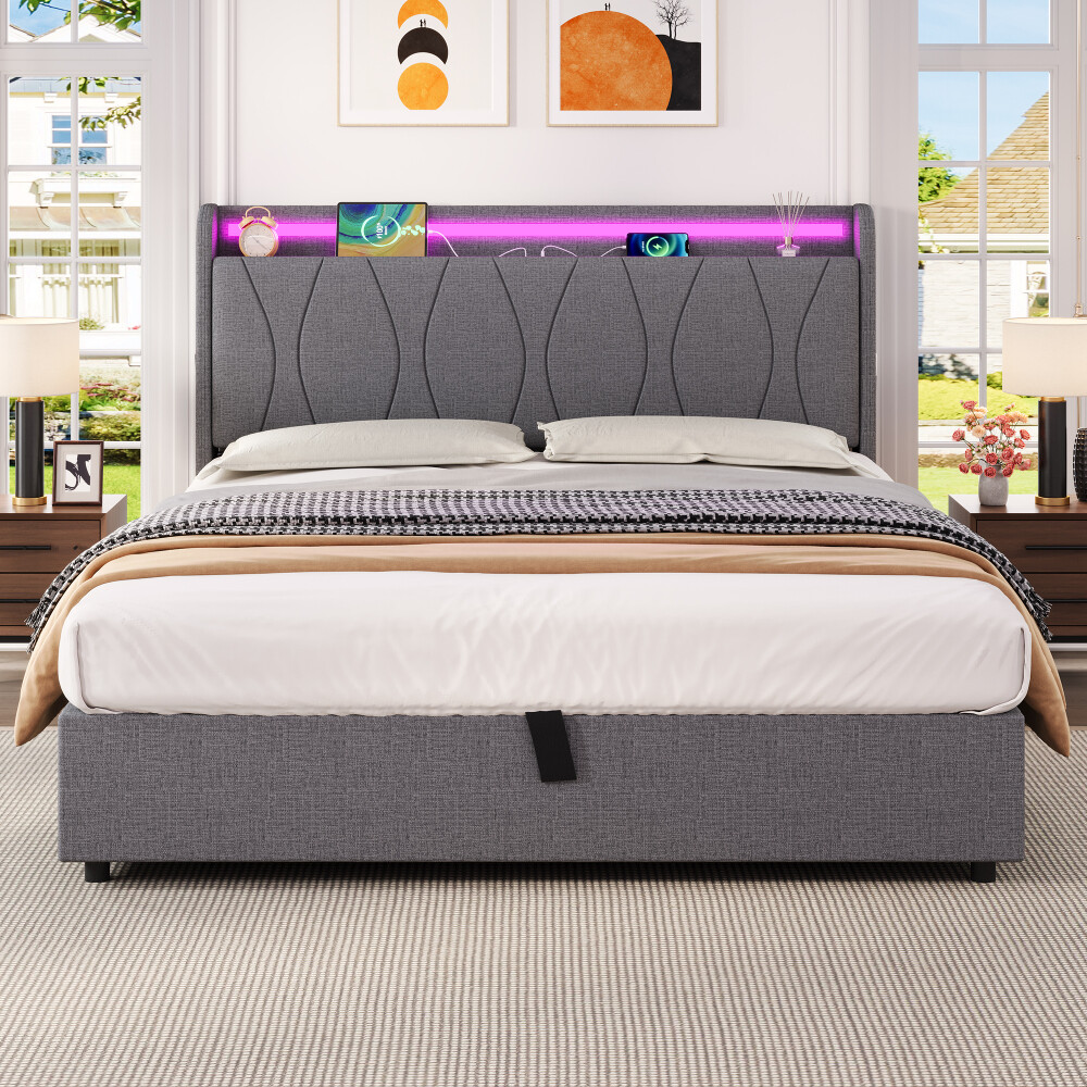 4FT6 Double Upholstered Bed Frame with Hydraulic Storage LED