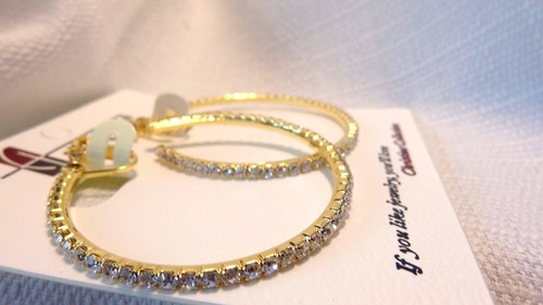 CLIP-ON EARRINGS 2.25 INCH HOOP CRYSTAL EARRINGS RHINESTONE SILVER OR GOLD TONE - Picture 4 of 10
