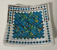 19cm Blue Square Mosaic Handmade Ceramic Glass Tile Bowl Fruit Trinket Dish