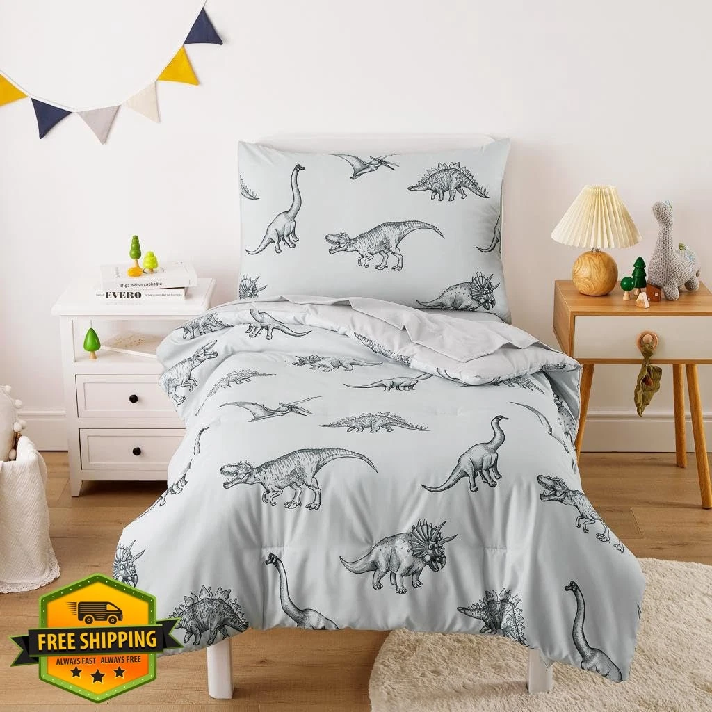 Wake In Cloud Dinosaur Toddler Bedding Set, 4pc Gray Sketch Crib Set