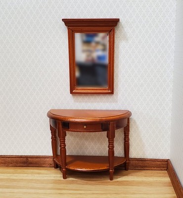 Dollhouse Half Round Table with Mirror 1:12 Scale Furniture Walnut Finish