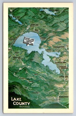 Postcard CA Aerial Map Lake County California Clear Lake Towns Roads c1960s AS10
