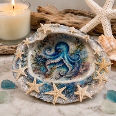 BLUE OCEAN OCTOPUS Shell Art Beach Cottage Handmade Seashell