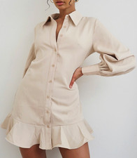 PRETTYLITTLETHING Dress, Stone Frill Hem Shirt Dress, Color Stone, Size Small 