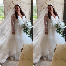Plus Size Wedding Dresses Long Sleeves V Neck Lace Appliques Ruffles Bridal Gown