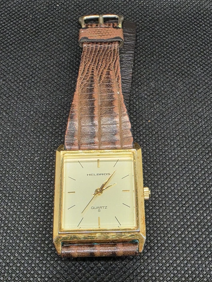 Elegante Reloj Helbros Vintage Bisel Cuadrado Tono Dorado Correa Cuero Marrón Foto 3 de 3