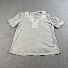 Loft Shirt Womens Medium Gray Puff Sleeve Eyelet Lace Collar Coquette Heritage