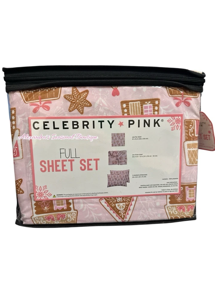 Full Sheet Set 4 PC Christmas Pink Gingerbread House Ribbon Hearts New - Image 3 of 4