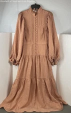 Shona Joy Peach Charlotte High Neck Midi Blouson Sleeve Dress Women's Size 8