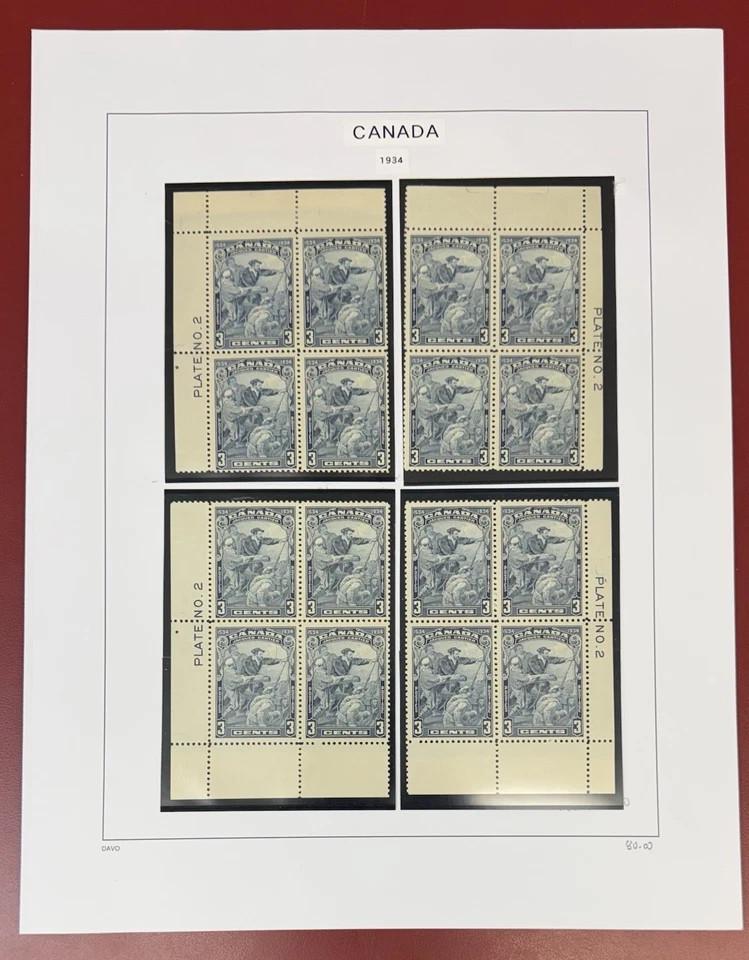 Canada, 1933-1934, Scott #202, 204, 208, 210, Lot of Plate Blocks, Mint, N.H./H. - Image 2 of 4