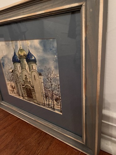Vintage Russische Schulkirche Aquarell Signiert Gerahmt Passepartout Blau - Bild 2 von 5