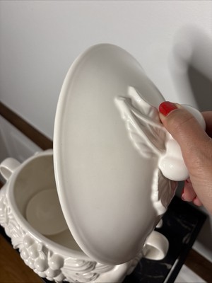 Vintage Over & Back White Ceramic Embossed Fruit Design Soup