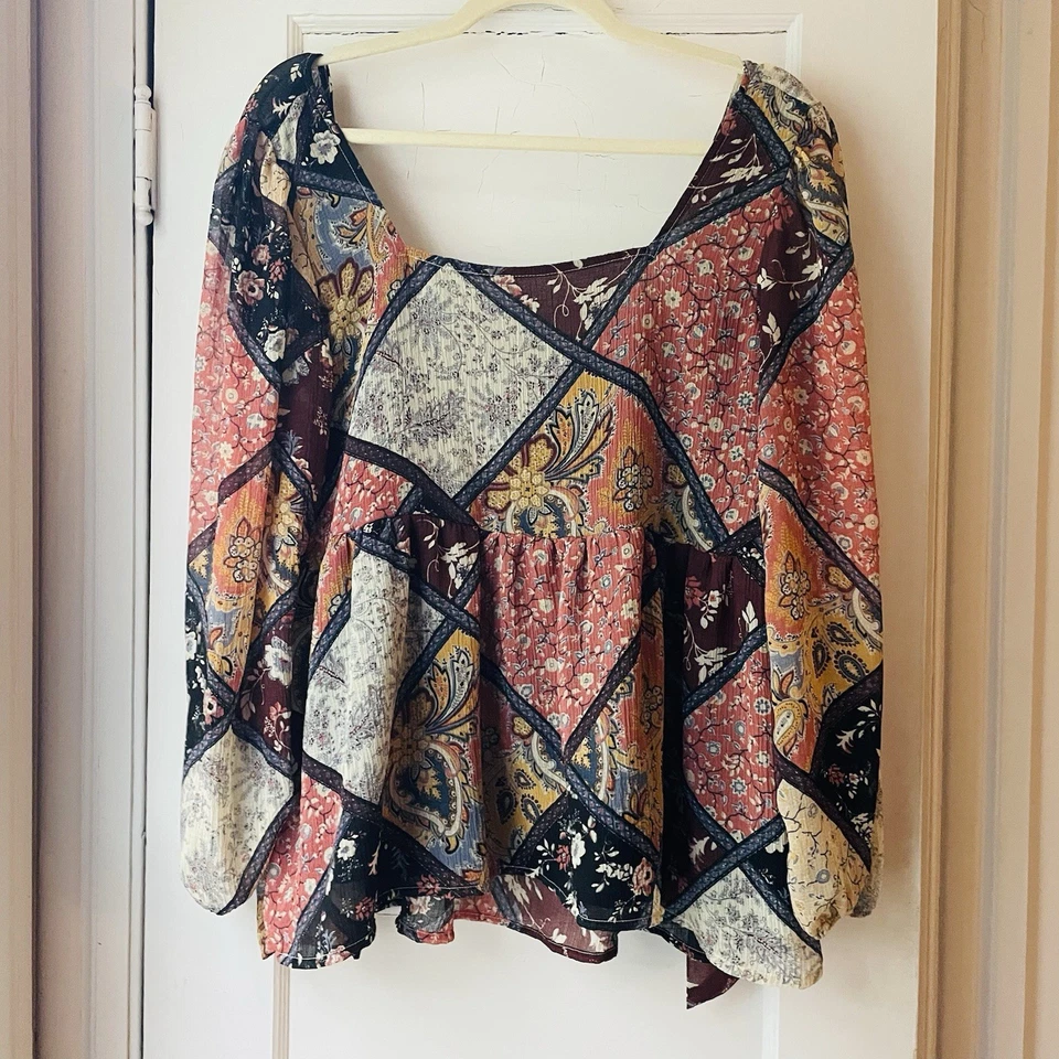 Женский топ American Eagle M богемное лоскутное одеяло прозрачное покрытие кукла крестьянская струящаяся - Изображение 2 из 4