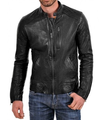 Herren Echt Lammleder Leder Schwarz Biker Motorrad Jacke Cafe Racer Jacke
