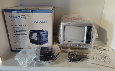 SuperSonic FC-9200 5'' Portable B/W Mini TV AM/FM Radio w/ AC Adapter Black NIB