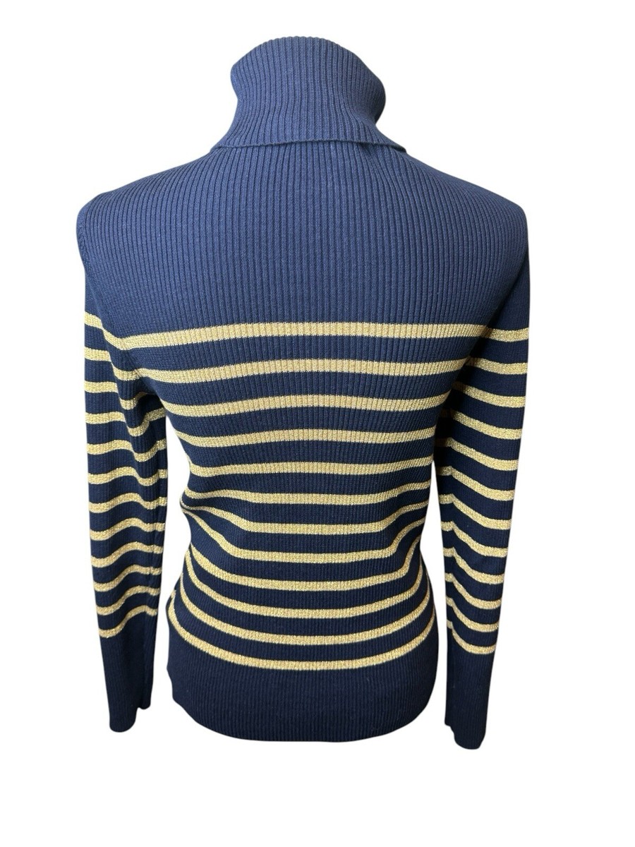 RALPH LAUREN Navy Blue Gold Metallic Stripe Cotton Blend Logo
