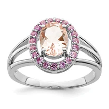 Silver Rhodium Morganite & Pink Sapphire Oval Ring QR5808