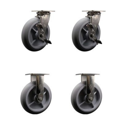 8 Inch 316SS Thermo Donut Tread Caster Set w/Delrin Bearings 2 Brake 2 Rigid SCC