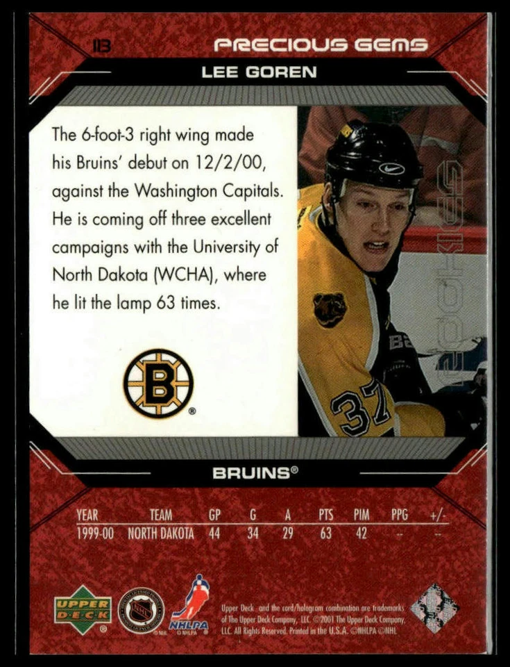 2000-01 Upper Deck Rookie Update  Black Diamond  #113 Lee Goren #/1999 - Image 2 of 2