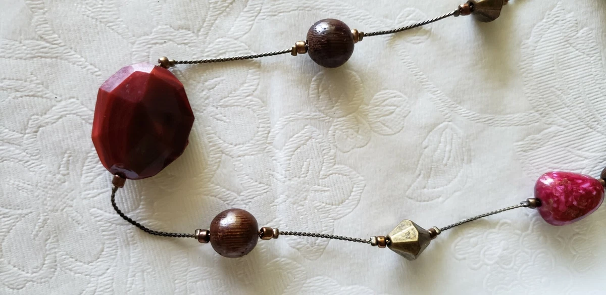 Costume Jewelry Necklace long strand pinkish burgundy and bronze