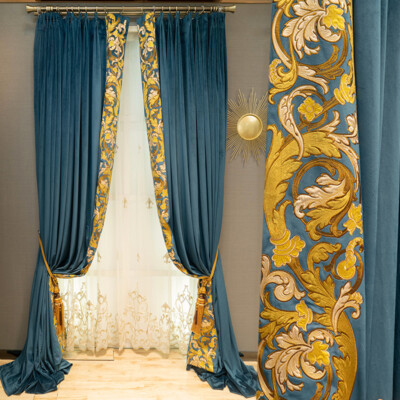 Gorgeous living room embroidered dark blue velvet cloth curtain drape C1772