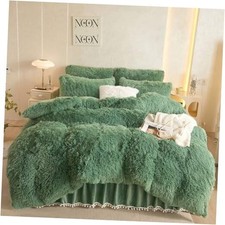 Faux Fur Comforter Cover Set, Soft Fluffy Shaggy Bedding Set 3 Queen Sage Green