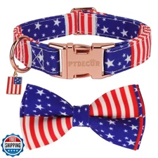 PTDECOR American Flag Dog Collar with Bowtie, Multi Size Adjustable 4th of Ju