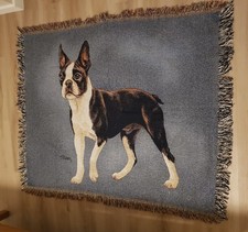 BOSTON TERRIER DOG Tapestry Throw Blanket Tapestry Fringe Trim, EUC