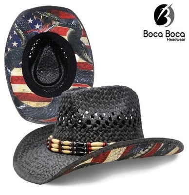 Drifter Cowboy Cowgirl Hat USA American Flag Patriotic Black Straw Snake Attack