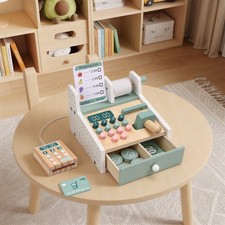 Wooden Toy Cash Register with Scanner Play Money Shopping Cards Educational Toy
