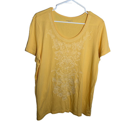 Laura Scott Shirt Women's XL Yellow Round Neck Short Sleeve Floral Boho Top