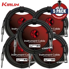 5-PACK Kirlin 10FT 1/4" Straight-Right Angle 20AWG Instrument Cable Black